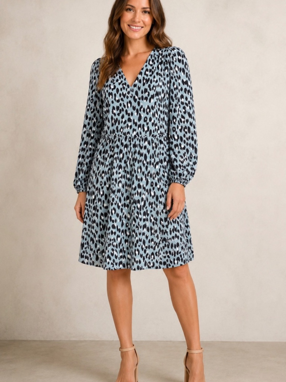 Ann Taylor Loft Blue Leopard Print Babydoll Mini Dress Long Sleeves Small
